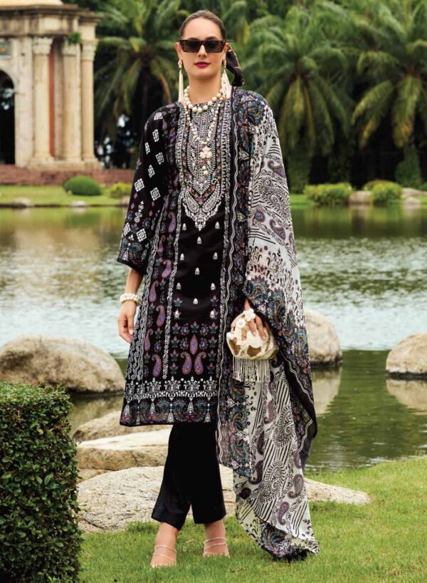 Women's Black Pakistani Print Unstitched Pure Cotton Salwar Suit Material
