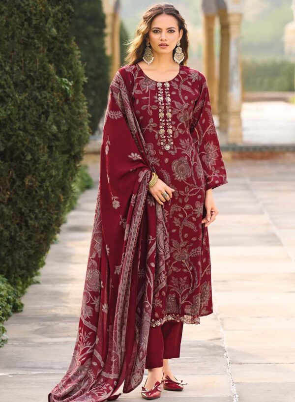 Fancy Handwork Maroon Pure Muslin Unstitched Suit Material for Women